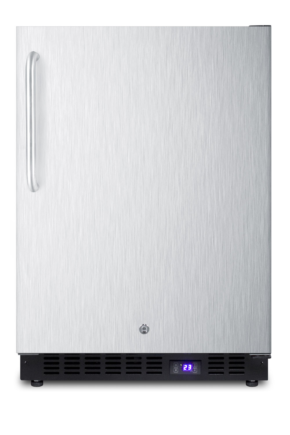 Frost-free outdoor all-freezer w/icemaker, digital thermostat, black cabinet, lock, stainless steel door and towel bar handle; built-in or freestanding